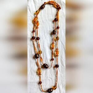 Vintage Glass Multi Color Bead Statement Long Necklace Hand Tied Ribbon